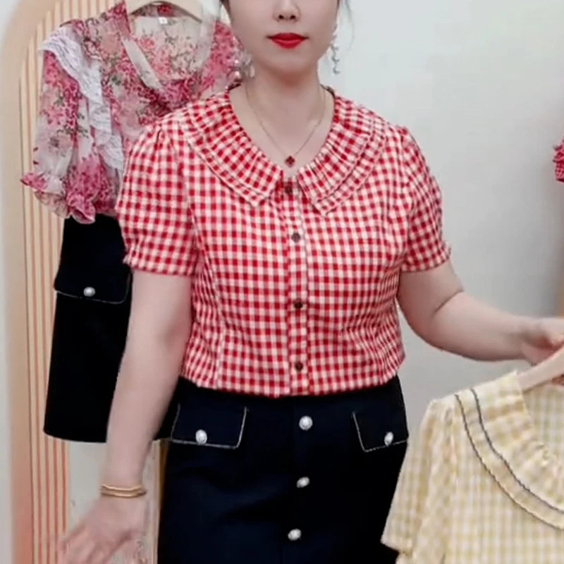 休闲百搭格子衬衫女2025夏季新款娃娃领显瘦遮肉小众减龄开衫上衣