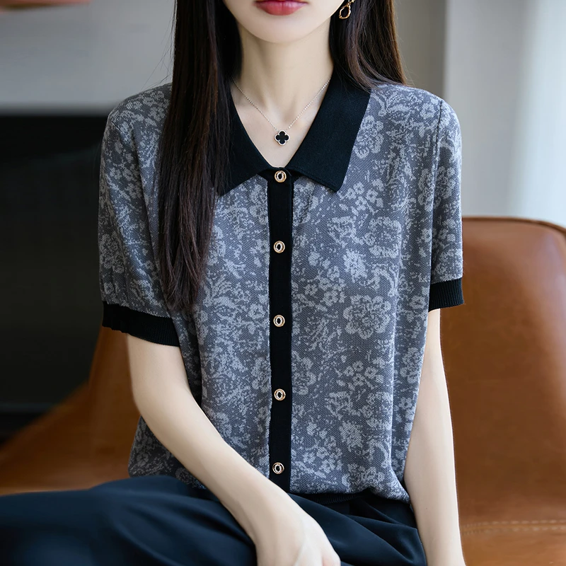 翻领提花短袖t恤女夏季2025新款打底衫洋气大码女装冰丝针织上衣