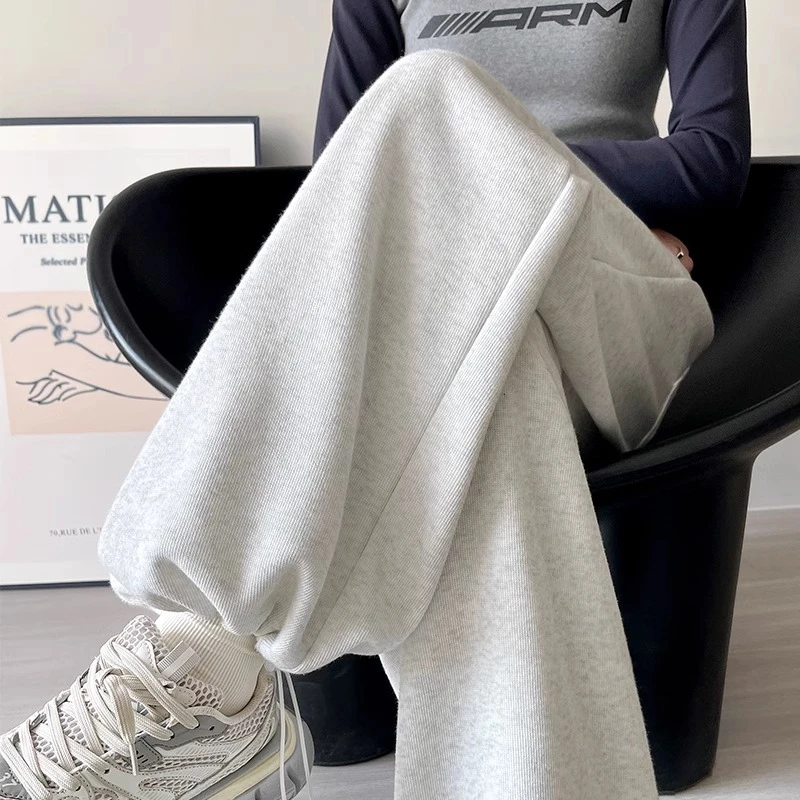 白灰色卫裤女春秋高腰休闲束脚直筒阔腿宽松显瘦小个子美式运动裤