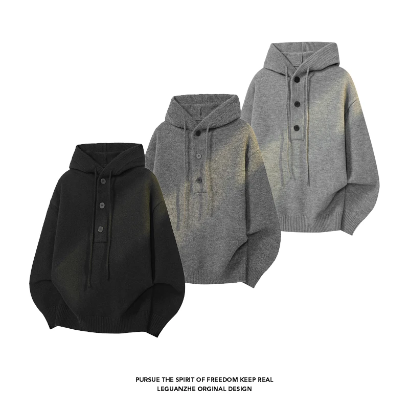 美式复古套头连帽毛衣男女同款秋季高级感慵懒风针织衫重磅卫衣潮