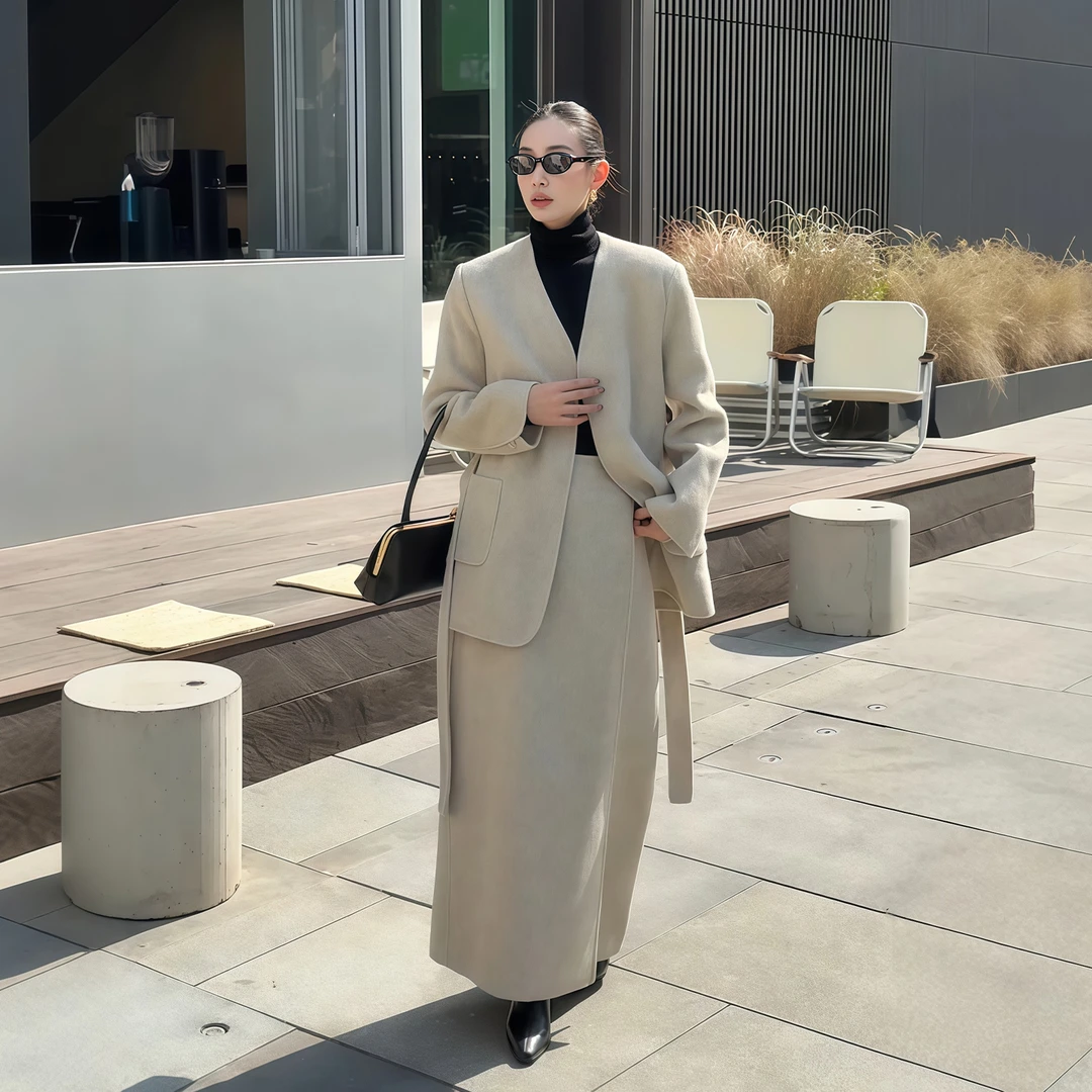 老钱风西装毛呢套装女秋冬新款简约气质无领高端外套半身裙两件套