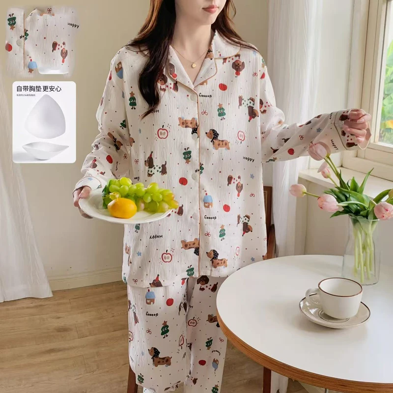带胸垫甜美家居服套装卡通女士秋冬卡通大码睡衣长袖云朵棉梭织布
