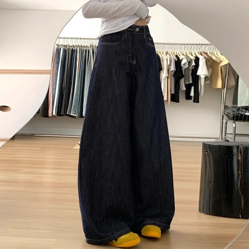 拉夏贝尔美式复古宽松牛仔裤女秋季新款丹宁风慵懒垂感阔腿拖地裤