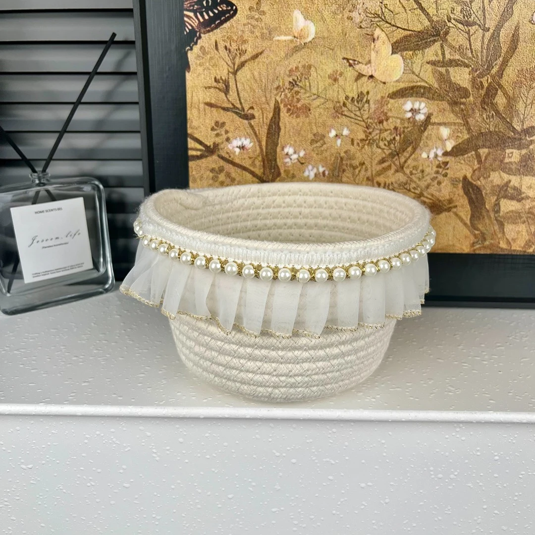 蕾丝花边收纳筐ins风收纳篮桌面收纳盒零食化妆品整理宿舍卧室