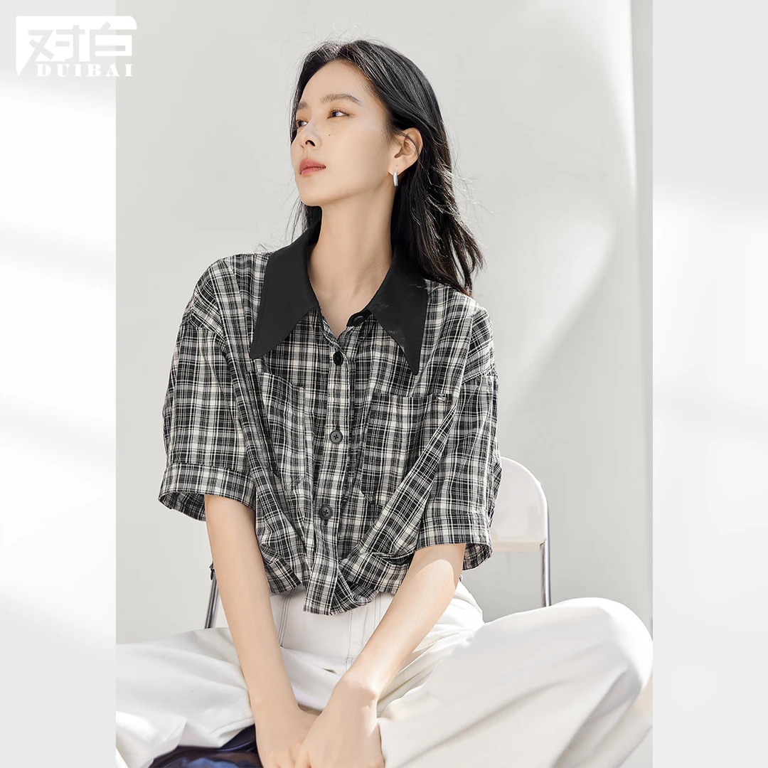【女装优选WL】对白格子翻领短袖衬衫女2025夏设计感休闲上衣FDC160