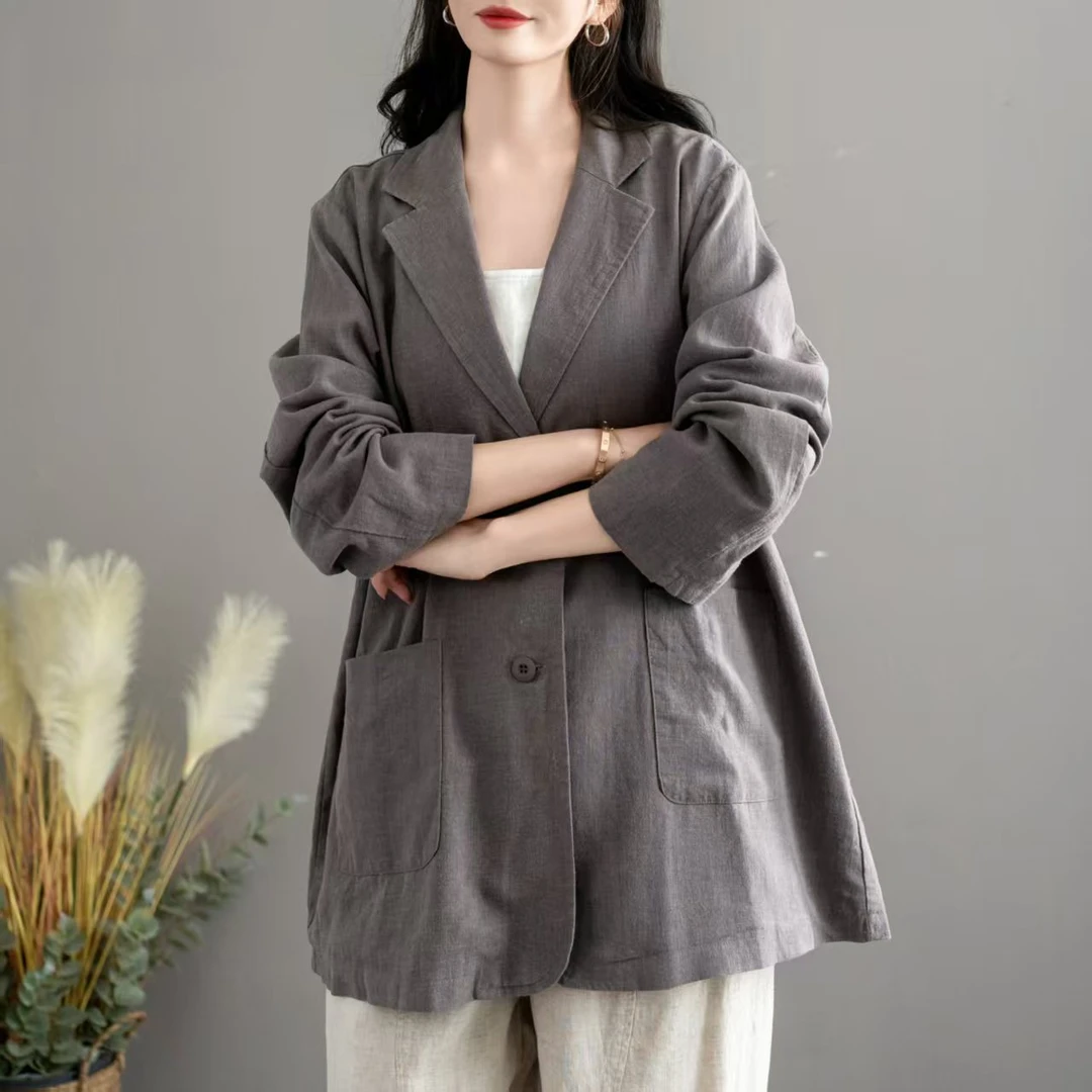 宽松气质纯色时尚西装0935款亚麻老钱风百搭西装领西服