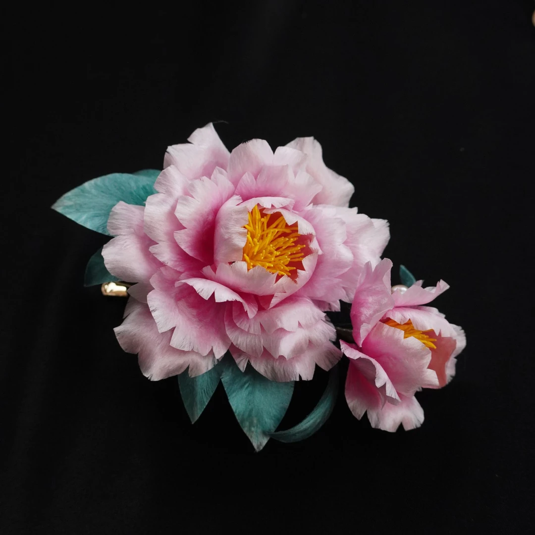 淡粉芍药花发夹非遗绒花发饰头饰国风簪花旗袍发饰新中式花朵气质