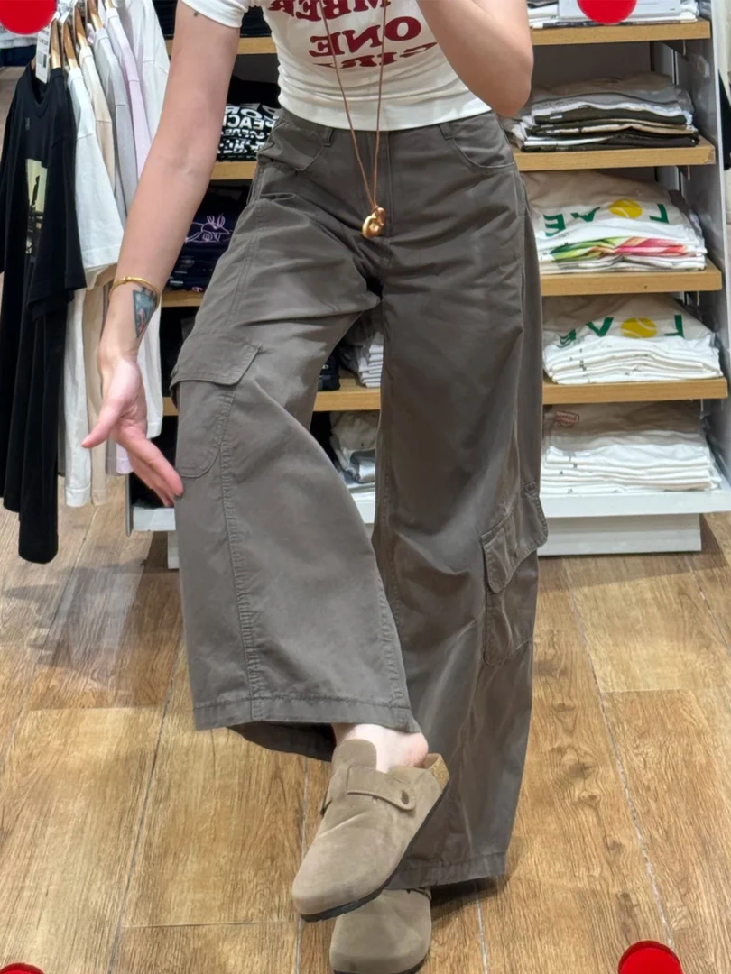 美式复古高腰阔腿工装裤女新款宽松显瘦弯刀裤梨型身材直筒休闲裤