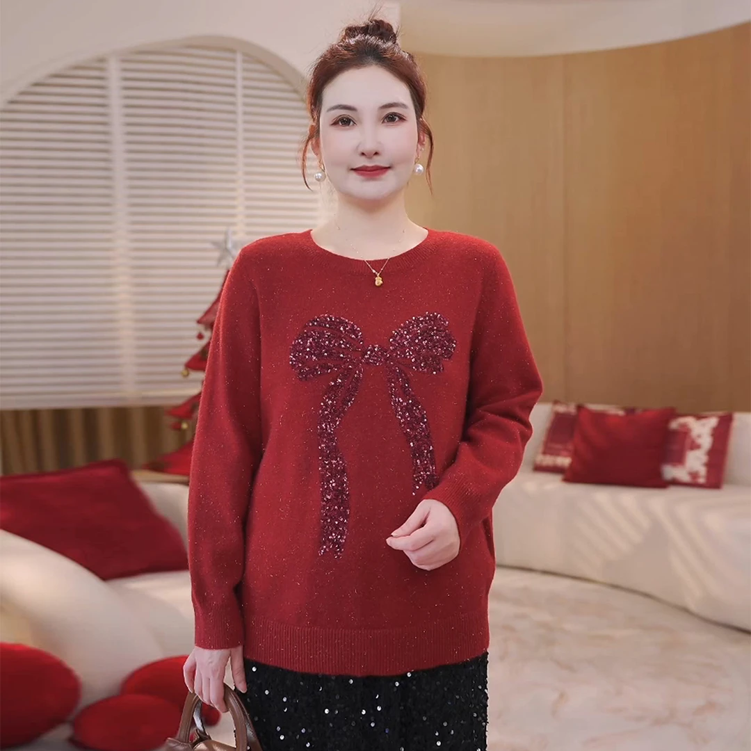 MsShe大码女装冬北极绒亮片蝴蝶结圆领新年红色毛衣S~E2511019