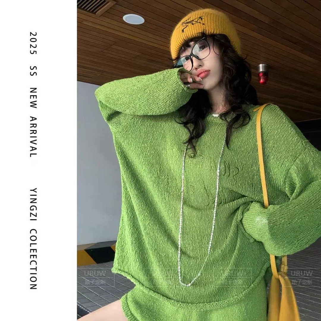 颖子定制【森野拼图】休闲风时尚宽松针织上衣通勤百搭高腰短裤9792