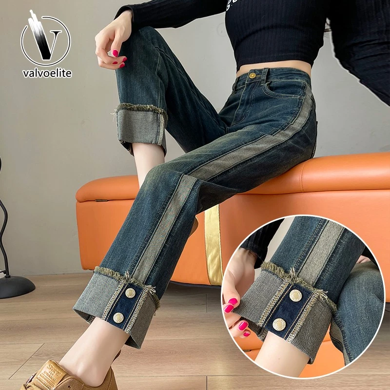 VALVOELITE高腰窄版直筒牛仔裤女春新高腰蓝色窄版白色牛仔阔腿裤