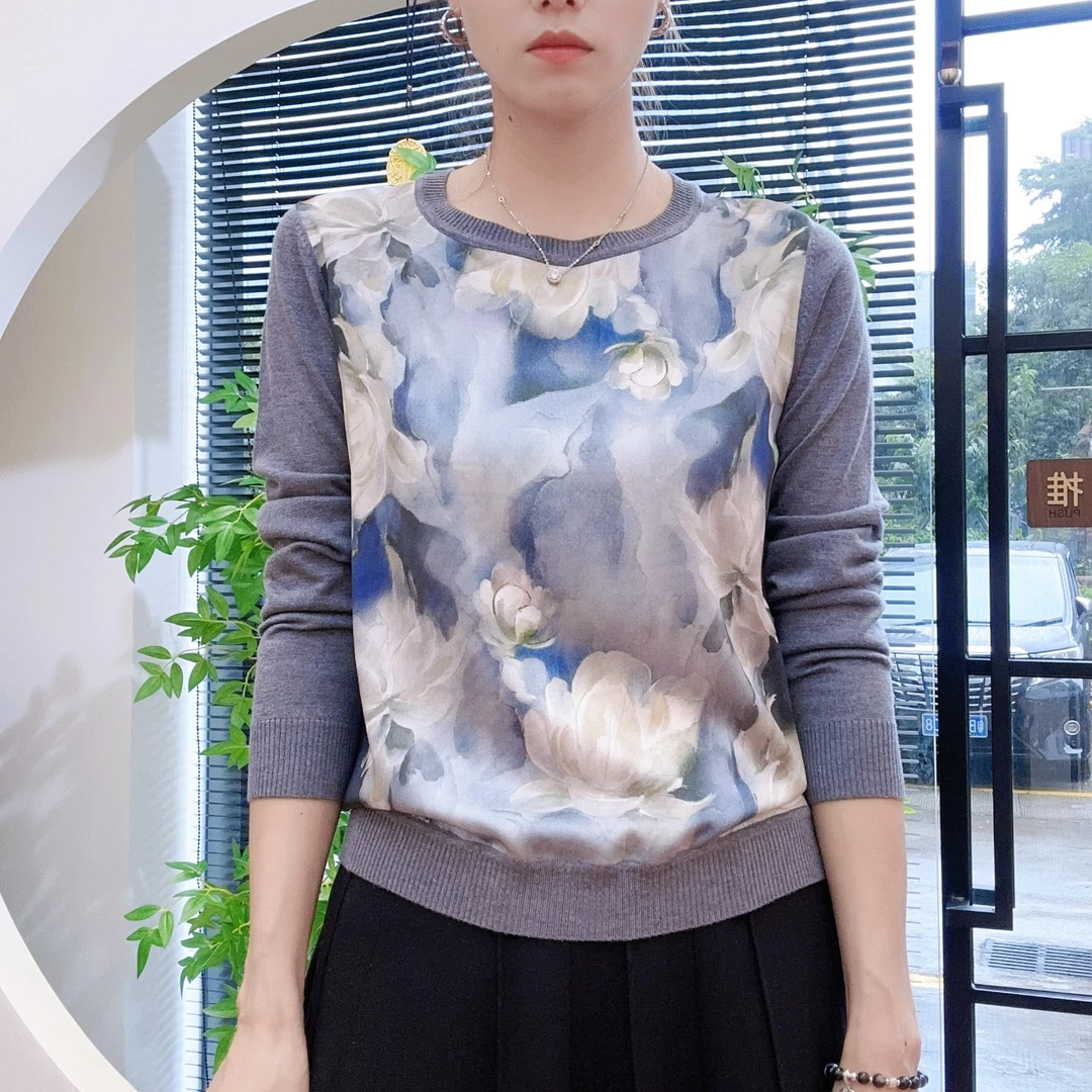 AW 25189 【月见山茶】2025秋桑蚕丝印花拼接绢丝羊毛上衣
