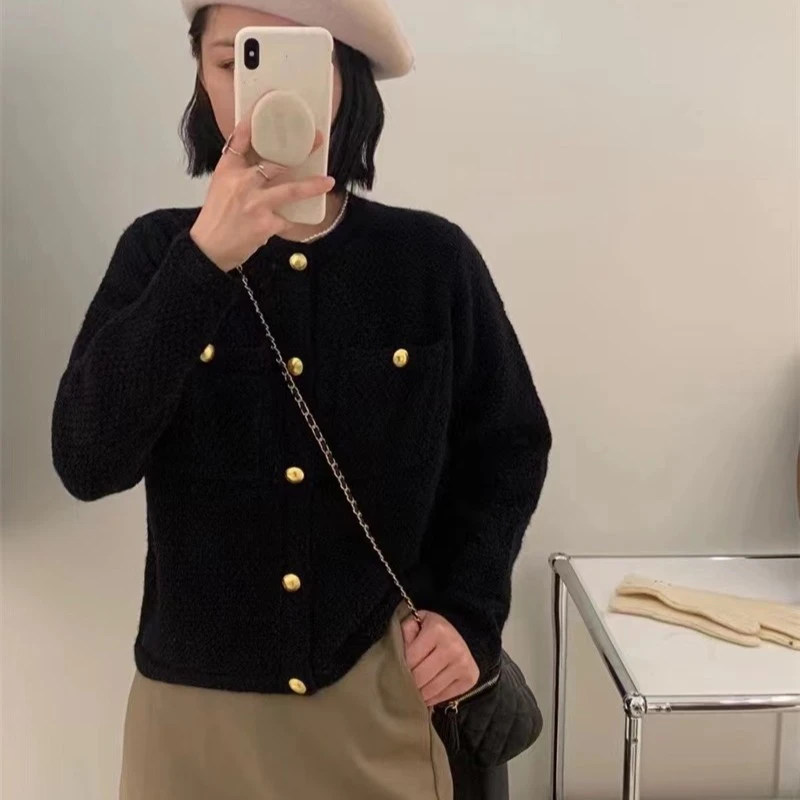 JILLYI【经典开衫】 黑色金扣针织开衫