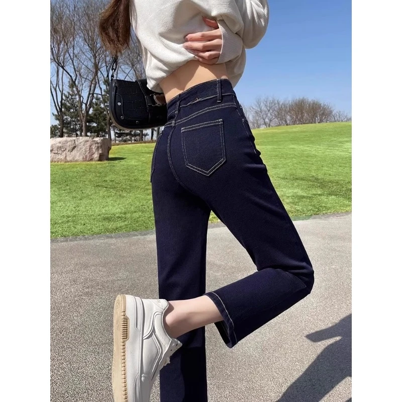 丹宁蓝高腰直筒牛仔裤女春秋2025新款春夏深蓝色八九分显瘦烟管裤