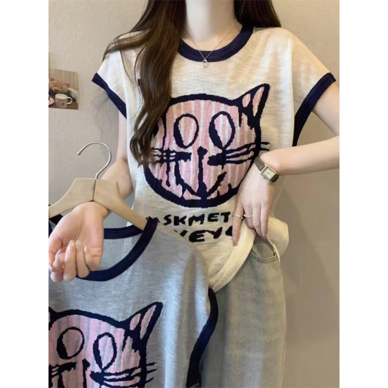 1999-韩式简约撞色小小弹力大码半袖衫