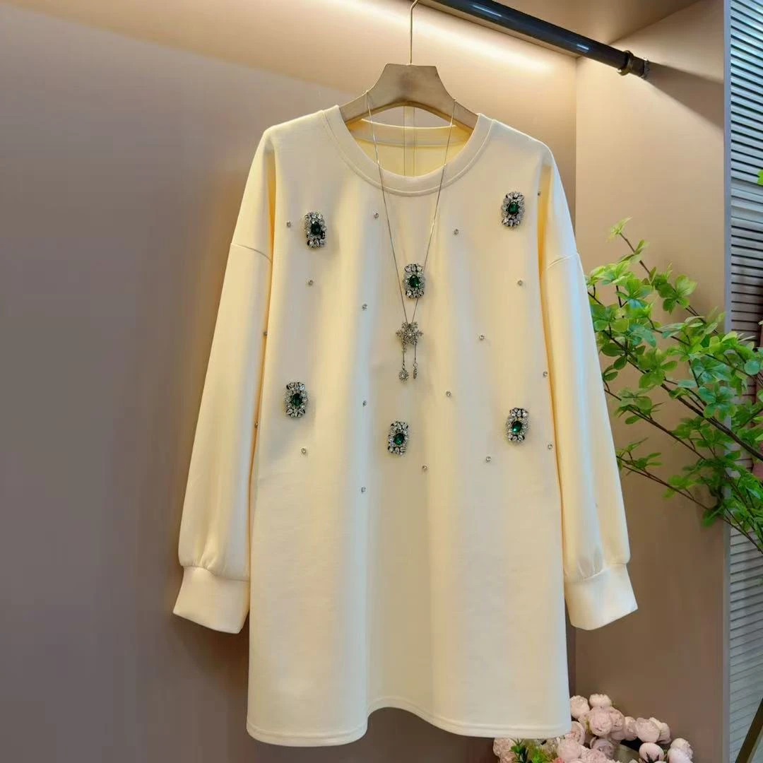 韩版减龄圆领时尚重工亮钻拼接设计百搭宽松气质长衫（长81左右）