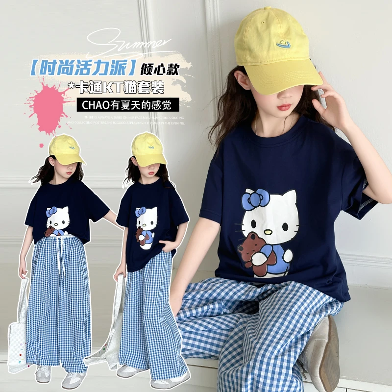 韩版常规套头女童休闲夏季格子套装女童亲子装母女中大童2025夏季
