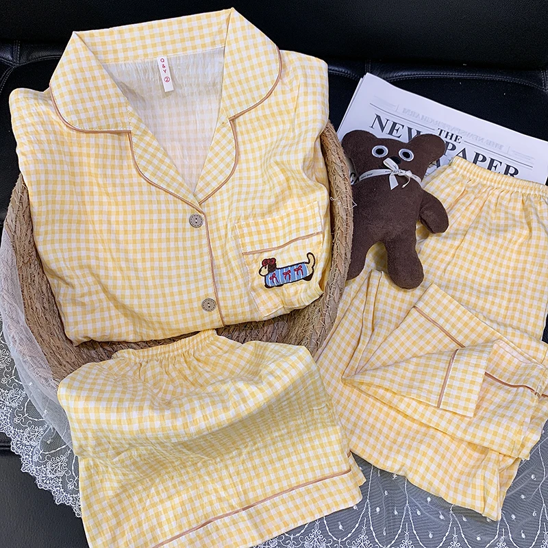 【三件套棕扣子黄格】云朵绵夏季短袖可爱卡通少女家居服套装睡衣