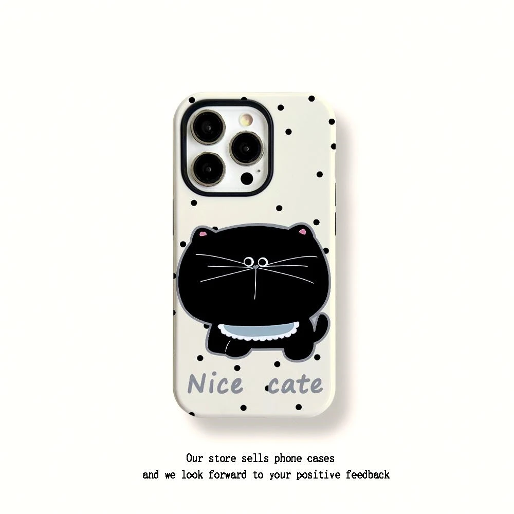 奥菲顿呆萌波点黑猫适用iPhone16菲林手机壳华为vivo小米15oppo套