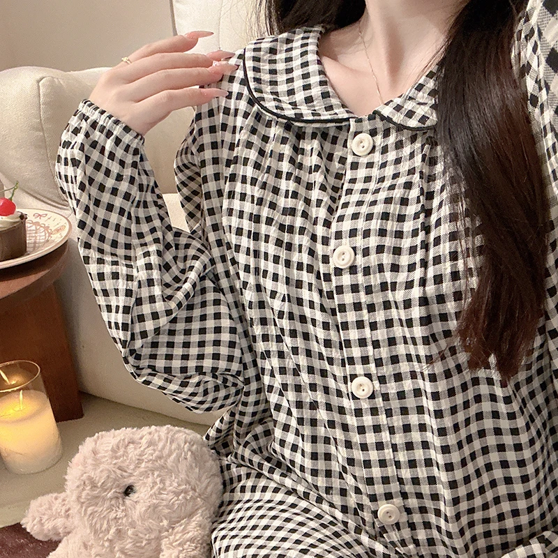 日系ins黑格子睡衣女春秋季长袖长裤高级感薄款学生家居服两件套