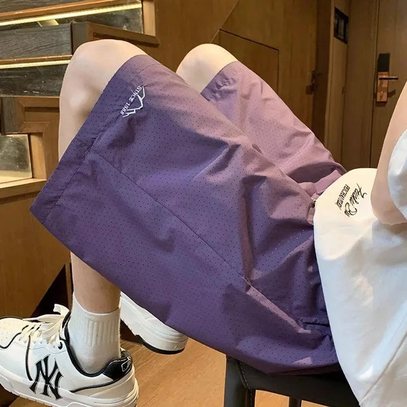 紫色速干短裤女2025新款夏季外穿冰丝运动中裤大码宽松休闲五分裤