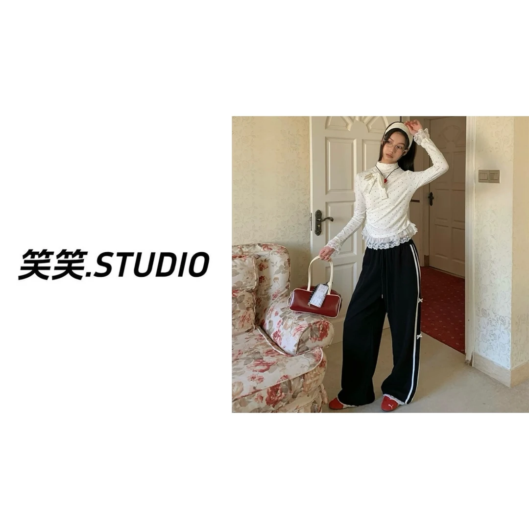 笑笑-【蝴蝶结休闲裤】韩系2025春季新款甜美拼接蝴蝶结休闲裤