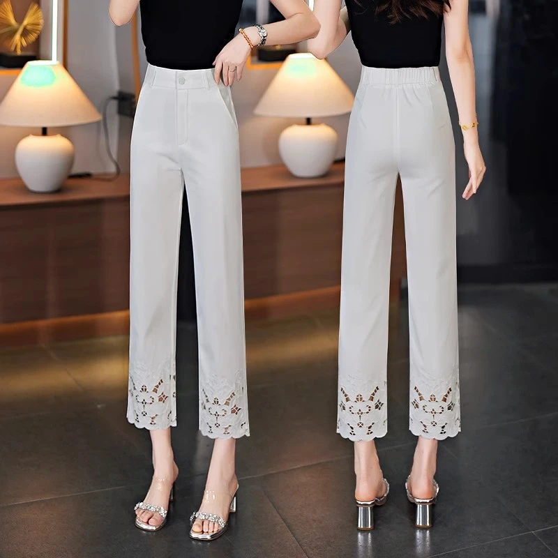 时尚显瘦镂空小脚休闲裤小个子薄款夏季2025新款弹力高腰九分裤子