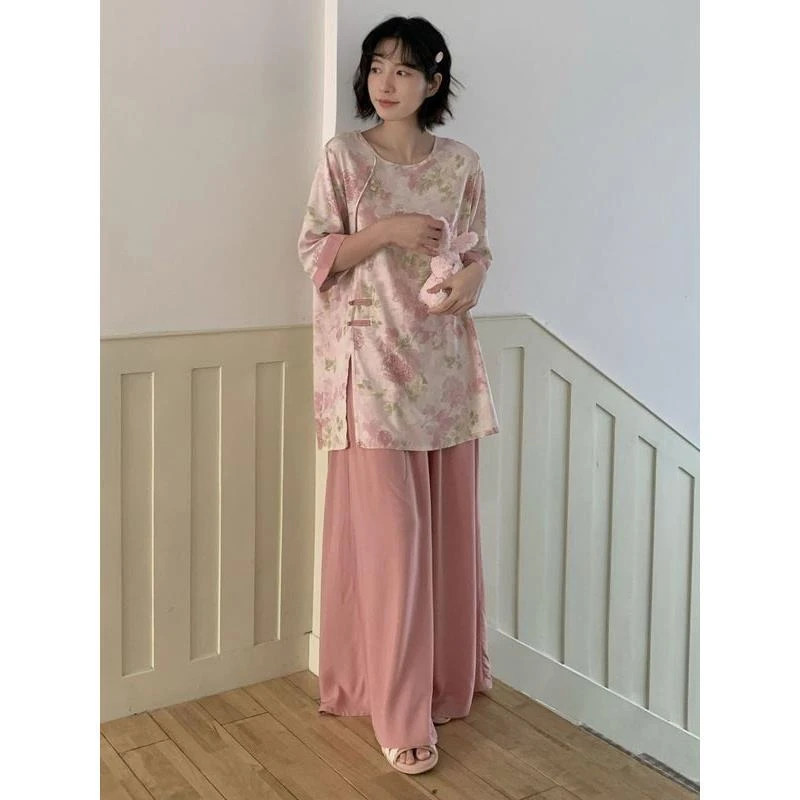 上衣加长+有口袋阔腿裤新中式国风睡衣女短袖长裤棉绸套装可外穿