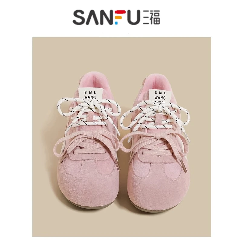三福复古勃肯鞋女2025春季新款粉色双鞋带休闲运动阿甘德训鞋子
