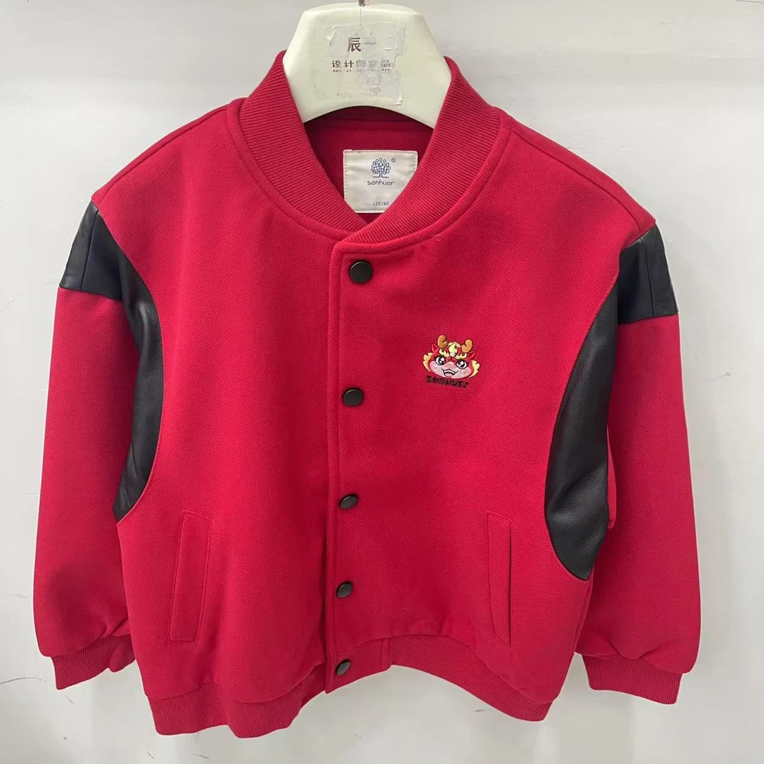 实体品牌童装中大童刺绣拼皮呢料棒球服外套3413013256