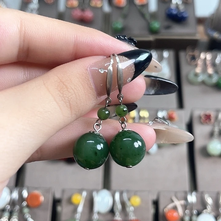 和田玉（碧玉）银S925镶嵌耳饰12左右