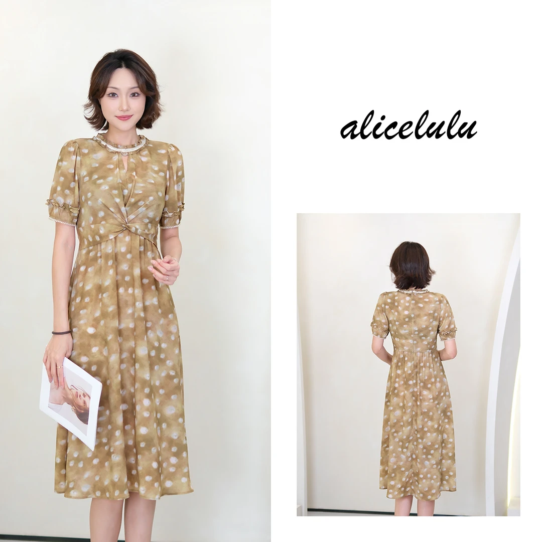 [alicelulu]法式复古印花圆领短袖掐腰连衣裙S2143186A