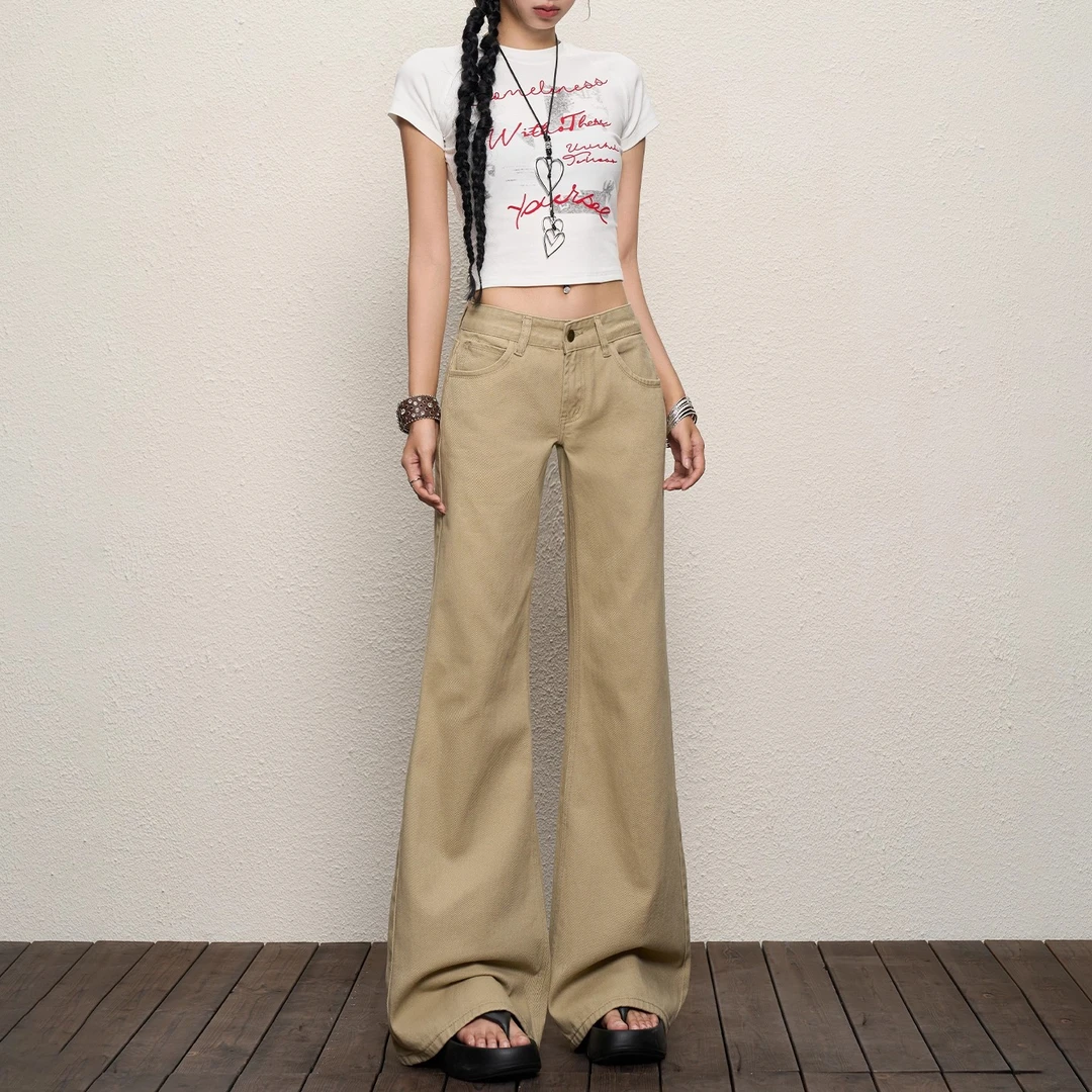 美式复古卡其色低腰牛仔裤女2025夏秋新款辣妹不贴腿微喇阔腿长裤