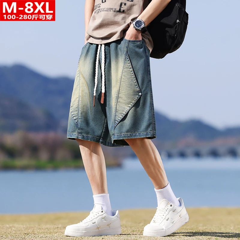 夏季潮流港风男装时尚牛仔五分裤胖大码宽松休闲裤衩男士牛仔短裤