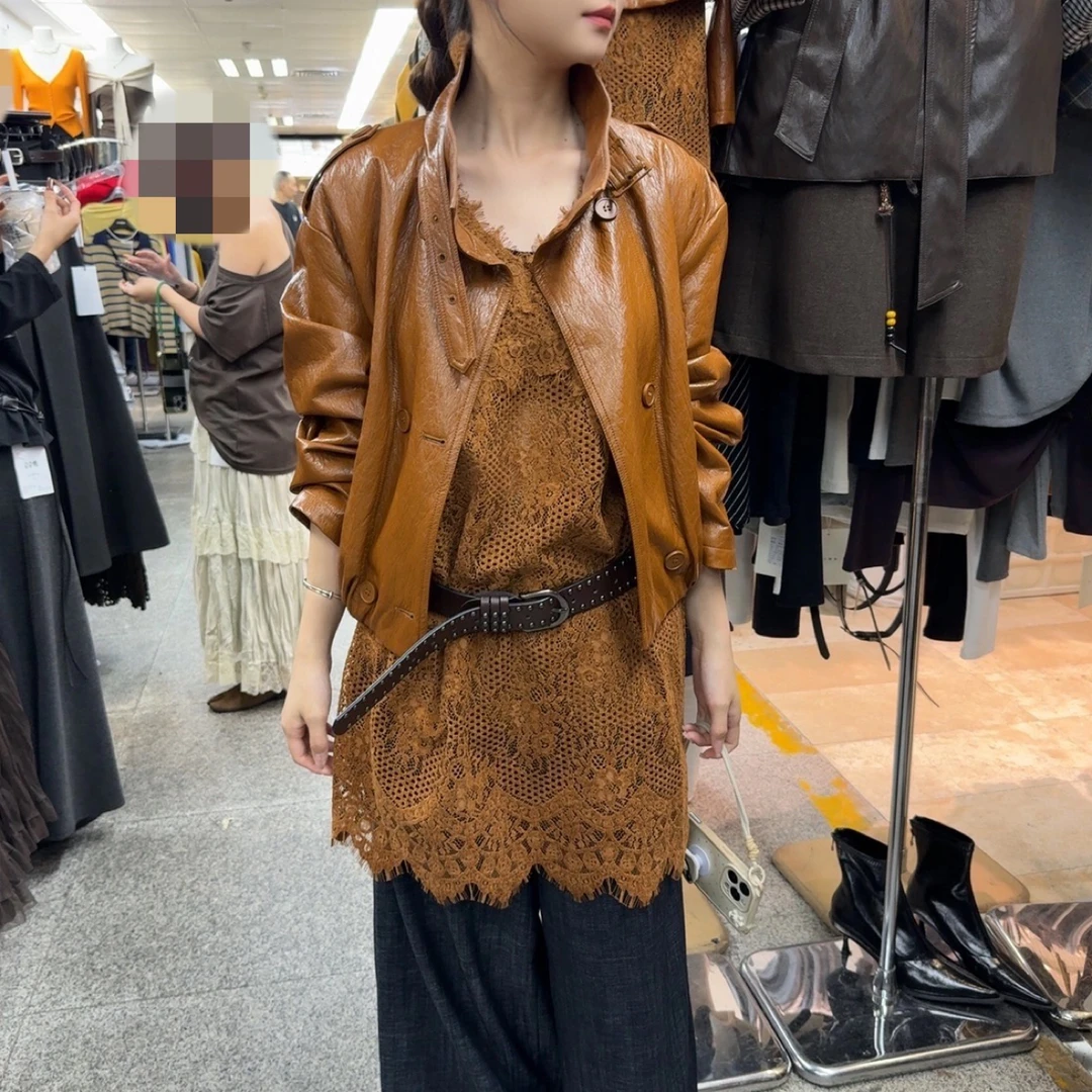高级感复古立领油蜡皮双排扣皮衣短外套女2025秋季新款设计感外套