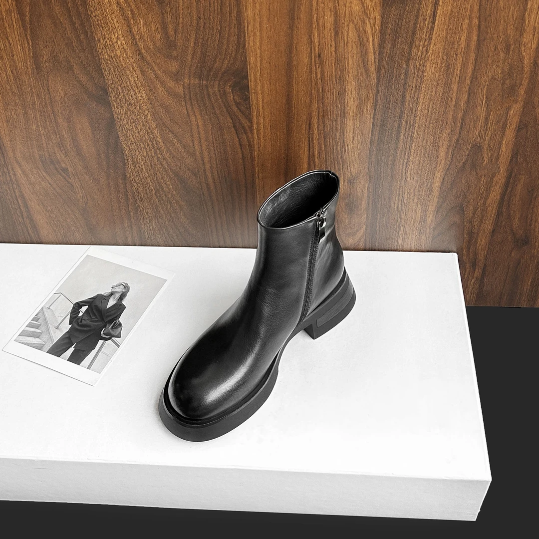 【现货】WGW049/5CM/2025秋冬牛皮侧拉链短靴增高显瘦简约百搭短靴