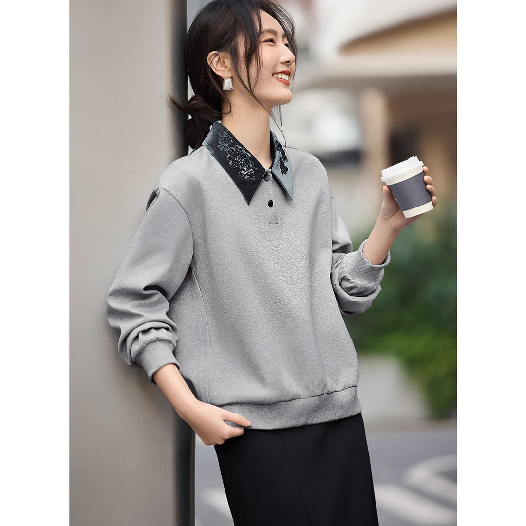 XWI/欣未优雅翻领拼接亮片刺绣MIU系卫衣2025春季拼接撞色卫衣女