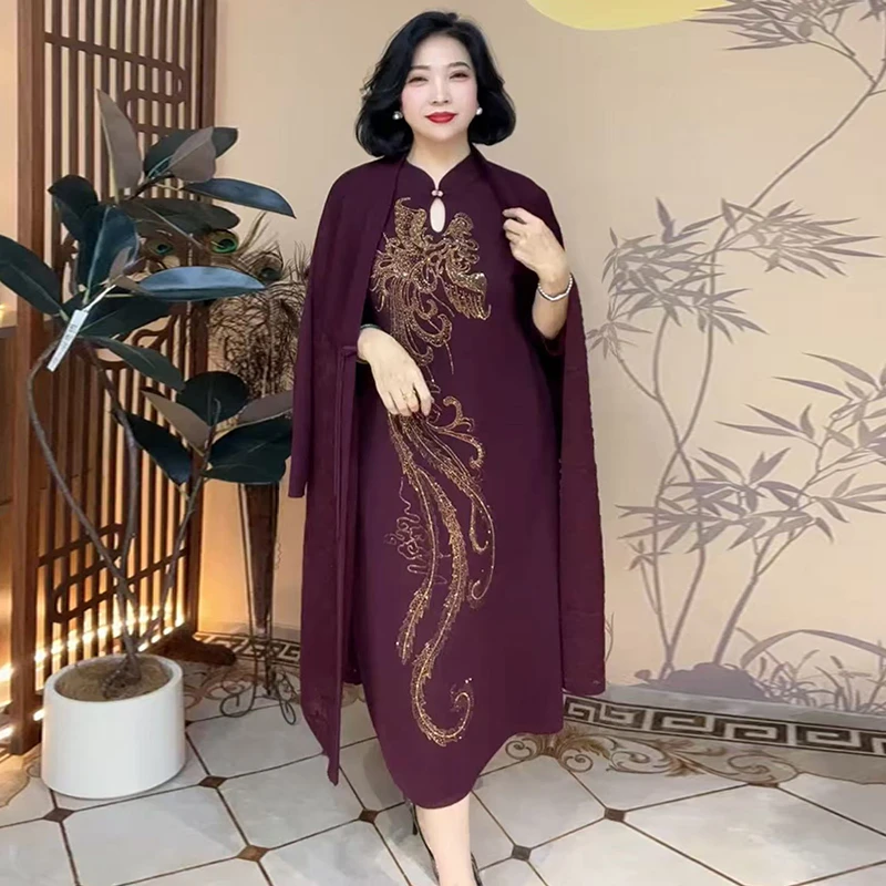 807原版高端妈妈婚宴礼服重工烫钻针织连衣裙长款宽松两件套打底