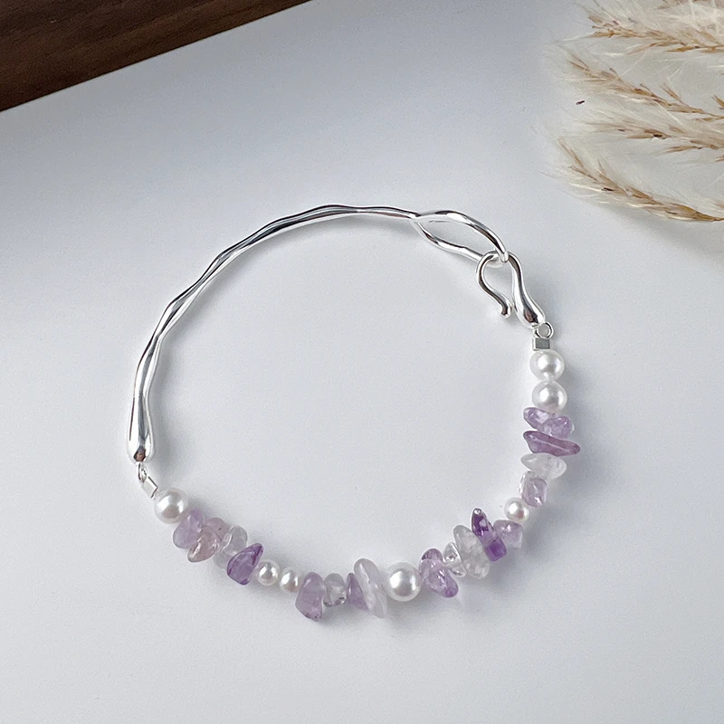 『烟凝暮紫』天然4mm-5mm珍珠+天然紫水+银s925手链手串