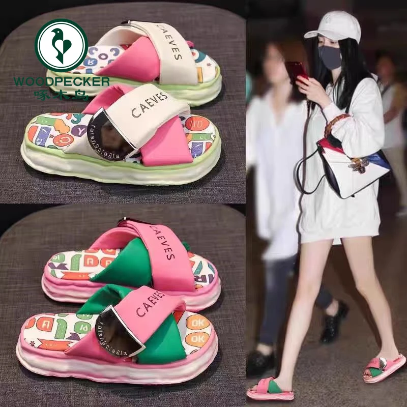 啄木鸟网红涂鸦拖鞋女夏2025新款外穿厚底一字拖休闲踩屎感凉拖鞋