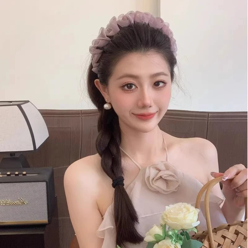 炫彩渐变超仙褶皱网纱波浪发箍女2025新款夏季带齿防滑高颅顶头箍