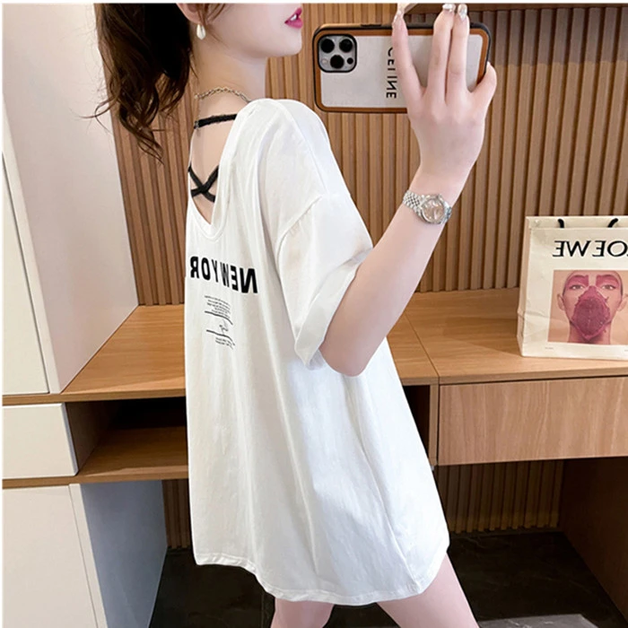 2025夏季新款女装中长款纯棉短袖t恤女设计感小众露后背交叉上衣