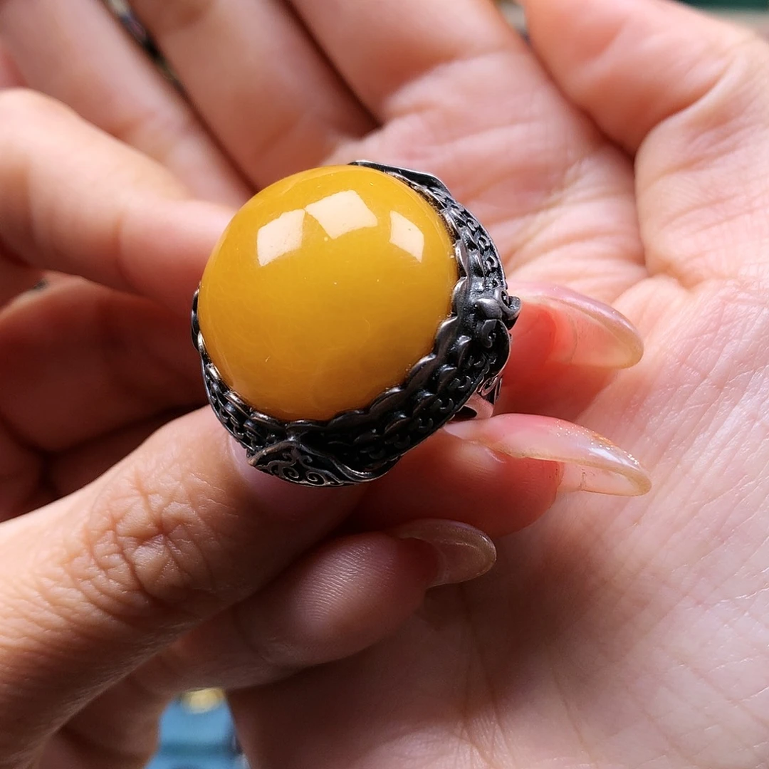 蜜蜡戒指银S925镶嵌戒指