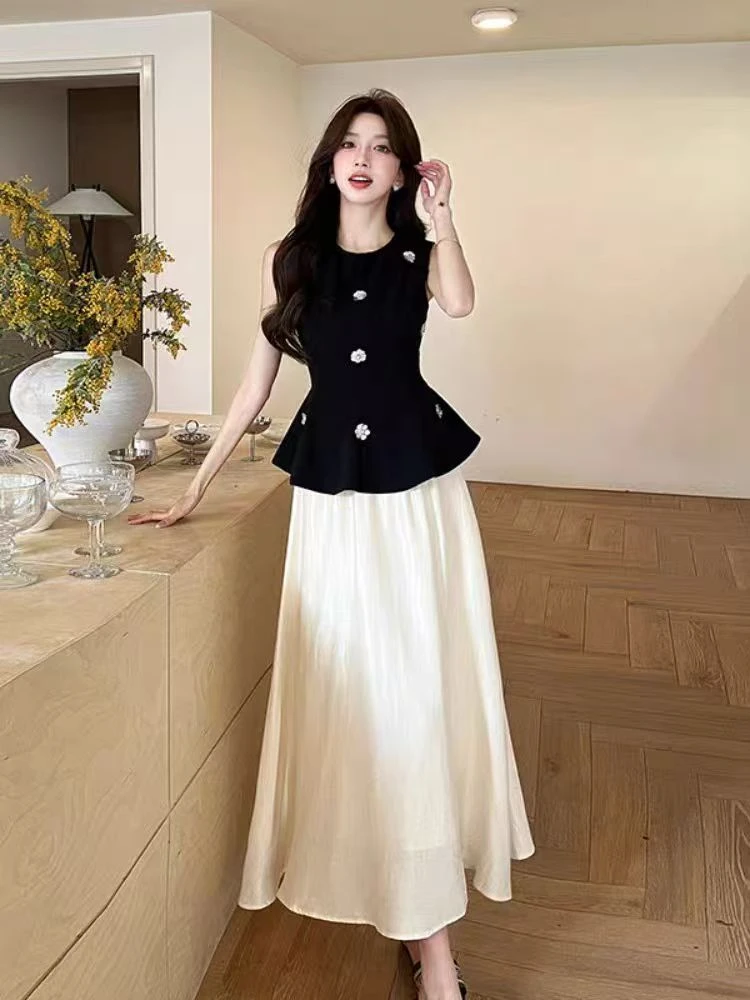 509-7#【夜影花语】新款无袖背心修身气质收腰半裙套装显瘦两件套