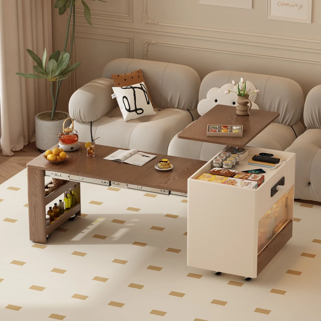 佐诗顿中古奶油风伸缩折叠茶几可移动小户型家用客厅升降沙发边几