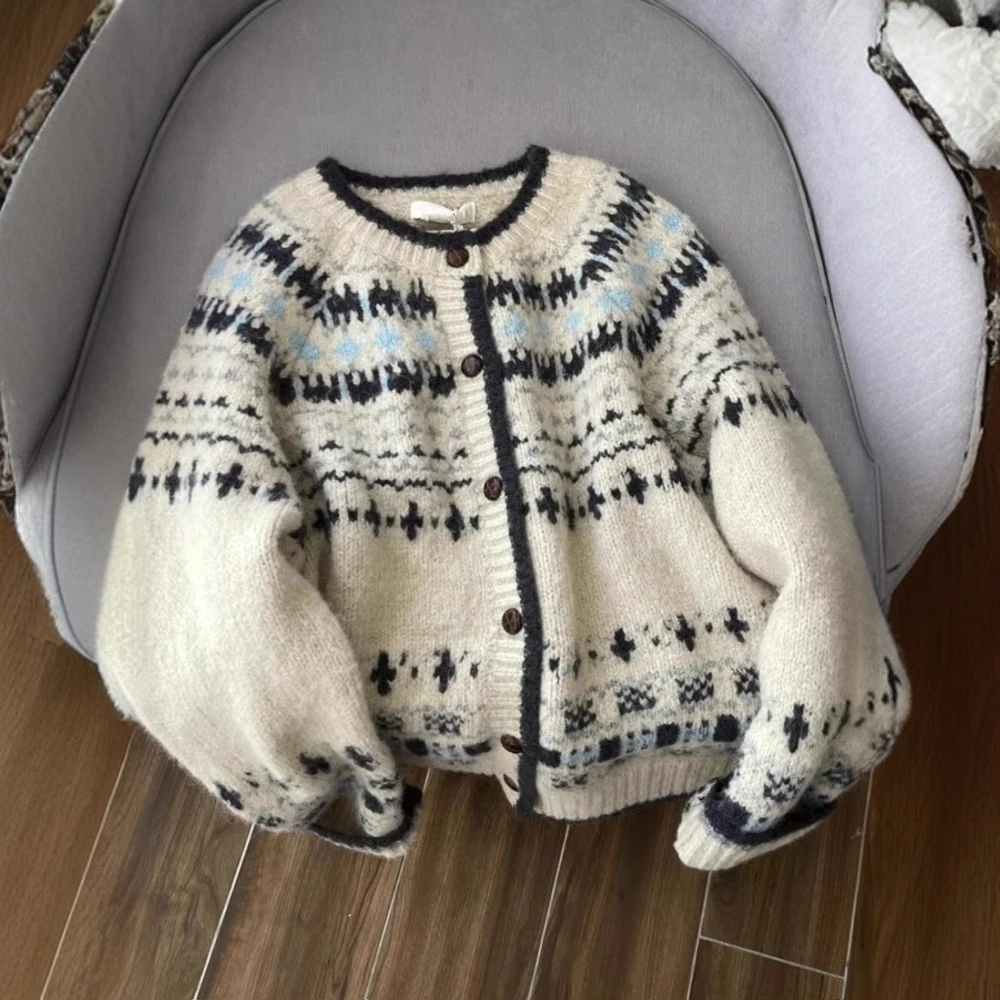 高级感复古提花圆领针织开衫女秋冬加厚慵懒风费尔岛毛衣外套上衣