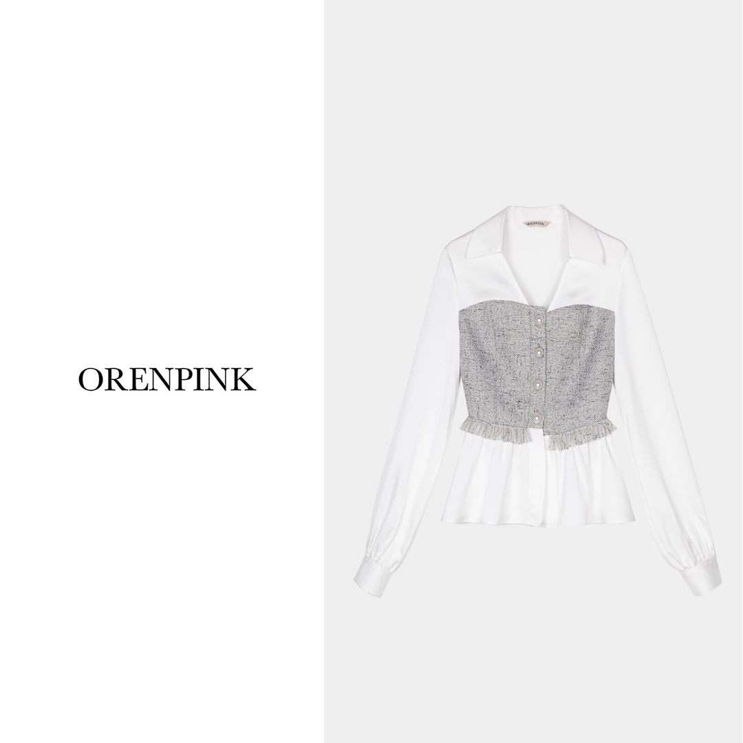 OREN PINK/奥粉25年新款早春款香风拼接缎面小V领设计感女装衬衫