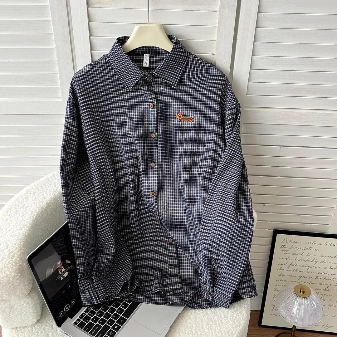 蓝色格纹polo领腊肠狗刺绣衬衫外套女2025秋季韩系复古宽松衬衣潮