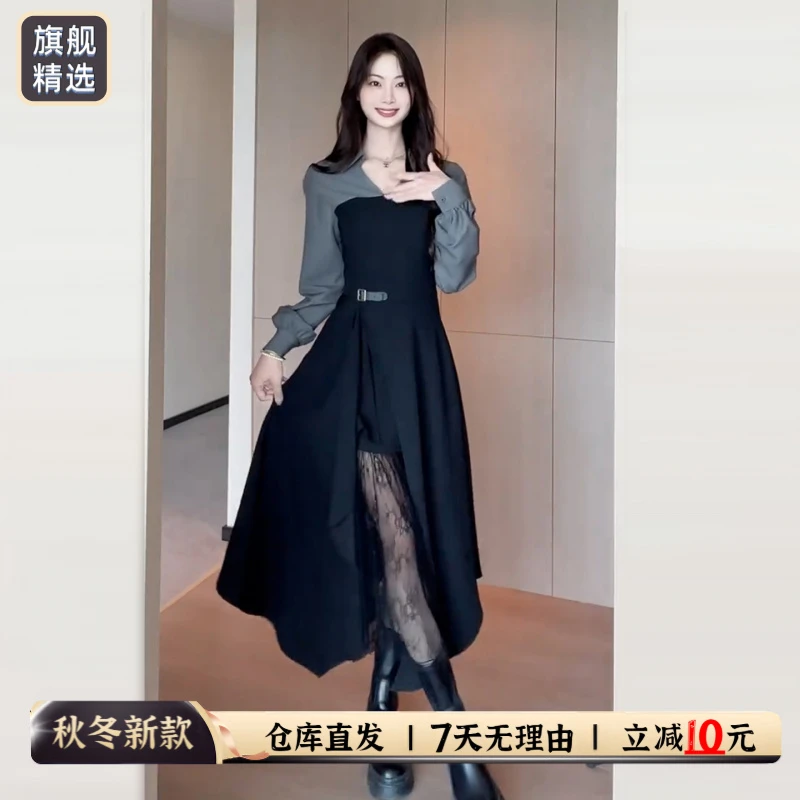 法式气质设计感黑色酷飒风连衣裙子女秋冬2025新款高级感长袖长裙