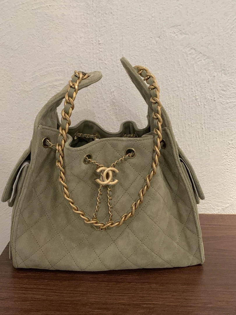 99新 Chanel/香奈儿 25C 绿色金扣牛皮双口袋抽绳hobo/一店